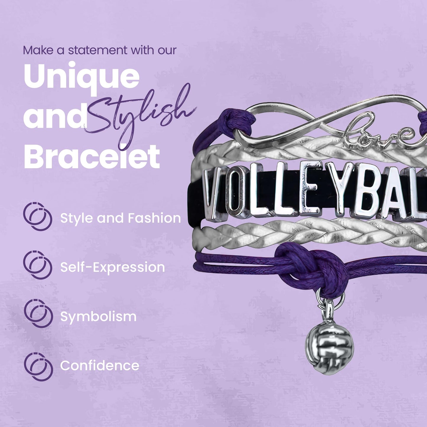 Volleyball Bracelet- Adjustable Charm Bracelet with Moveable Letters, Infinity Symbol & Silver Volleyball Charm by SportyBella (