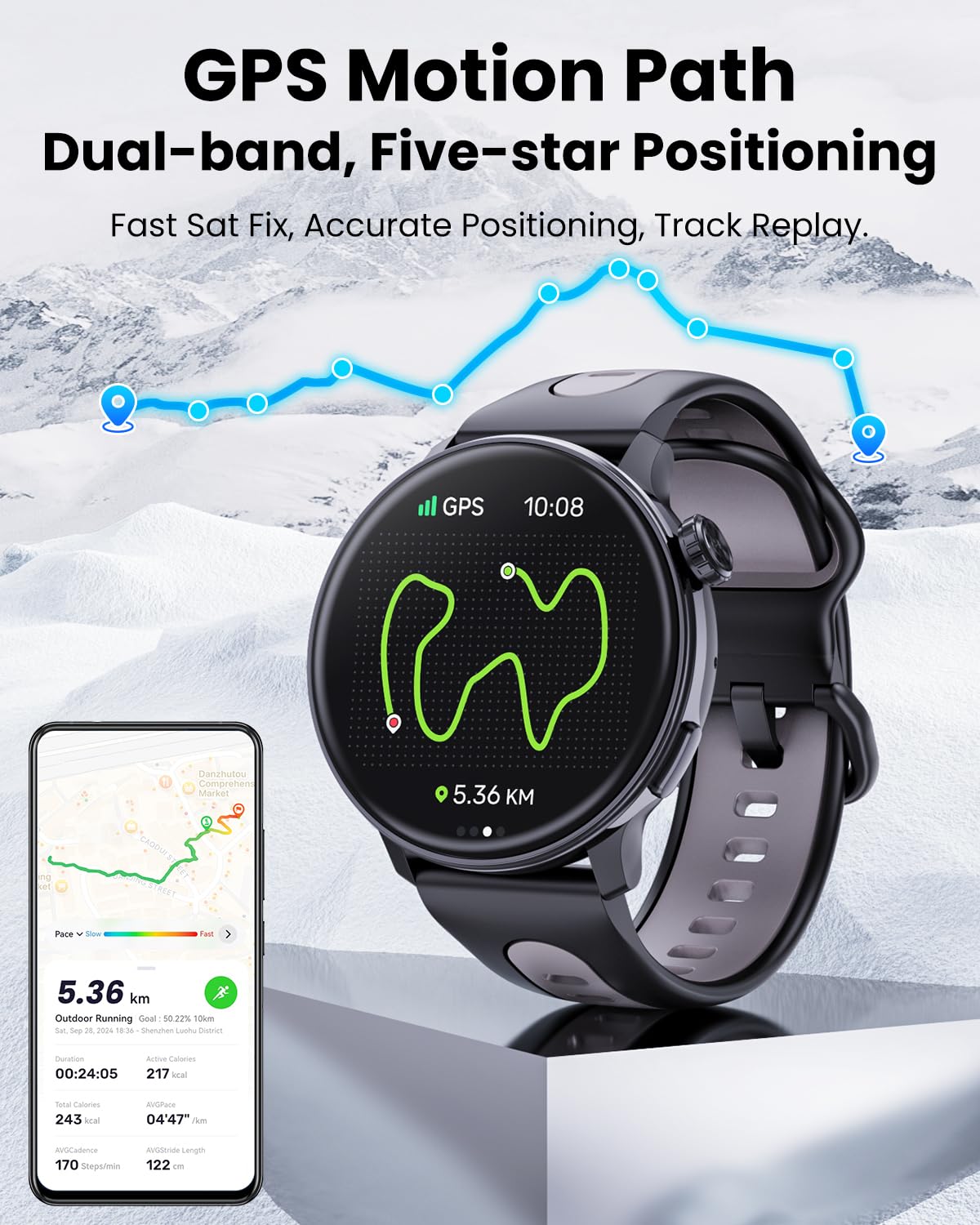 Mingdaln Smart Watch GPS, 1.43" AMOLED Screen Smart Watch for Men/Women Fitness Tracker, Military Smartwatches Compass,Compatible with Android & iOS (Bluetooth Call Answer/Dial), Multiple Sports Modes