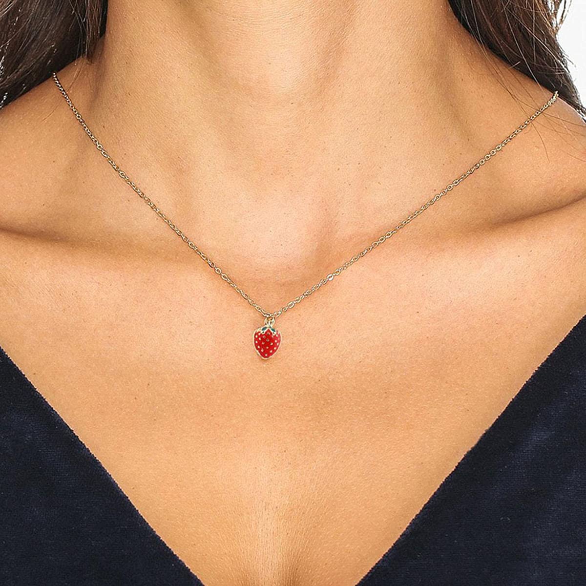4 Pcs Strawberry Jewelry Set for Women Red Strawberry Necklace, Strawberry Earrings, Strawberry Ring, Strawberry Bracelet Cute F