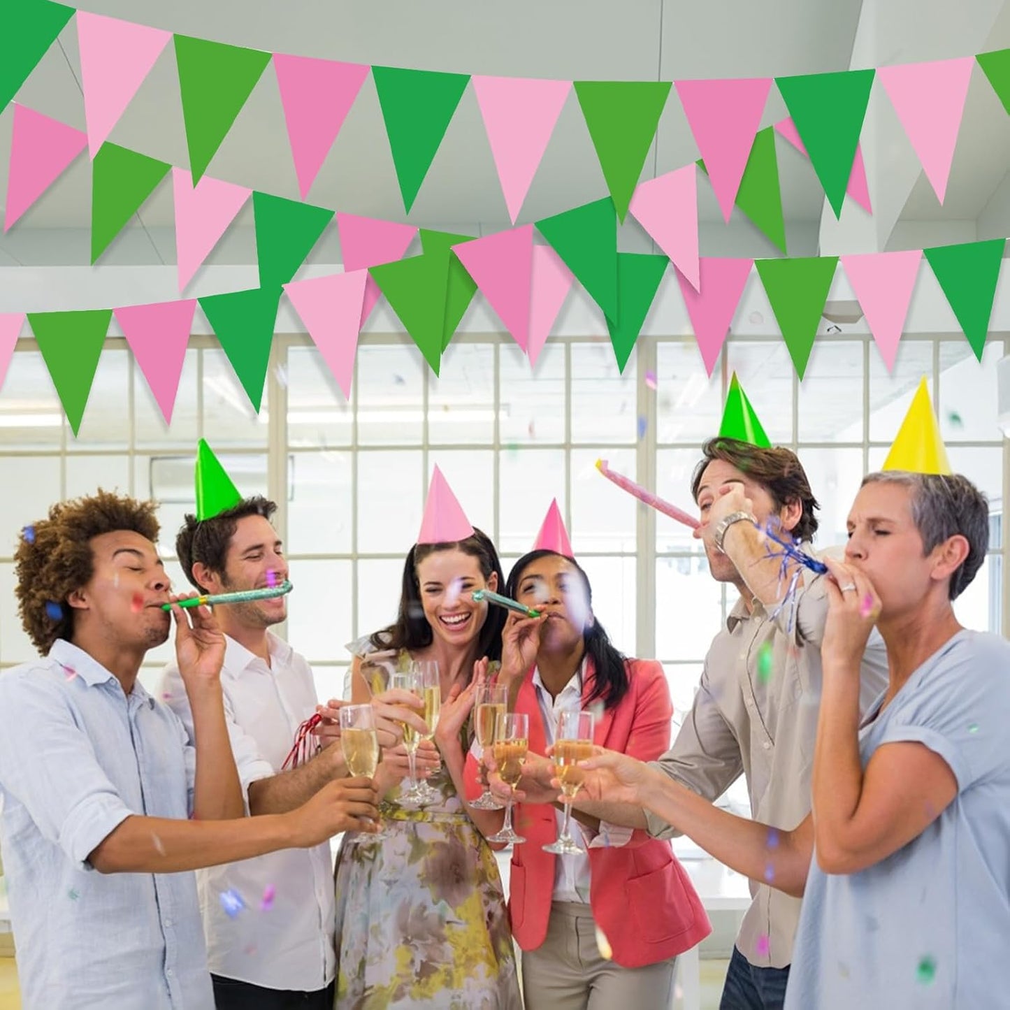 Pasimy 49.21 ft 60 Pieces Party Pennant Banner Flags Decorations String Triangle Flags for Birthday Baby Shower Carnival Movie Witch Crown Party Supplies (Pink and Green)