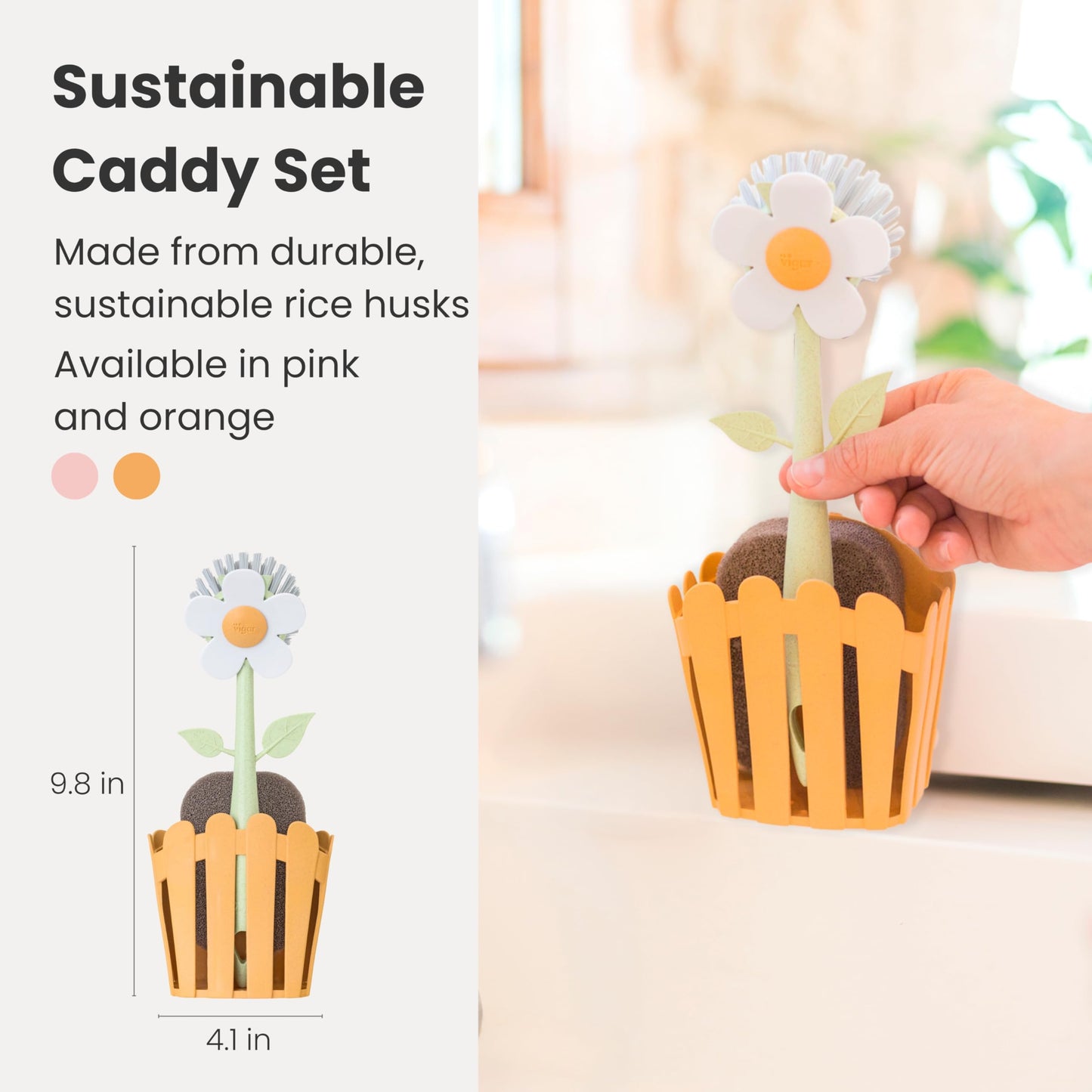 Vigar Florganic 3-in-1 Kitchen Sink Caddy Set, Flower-Shaped Dish Brush, Sponge, Fence-Shaped Holder and Suction Cup, Ideal Sink Organizer, Orange