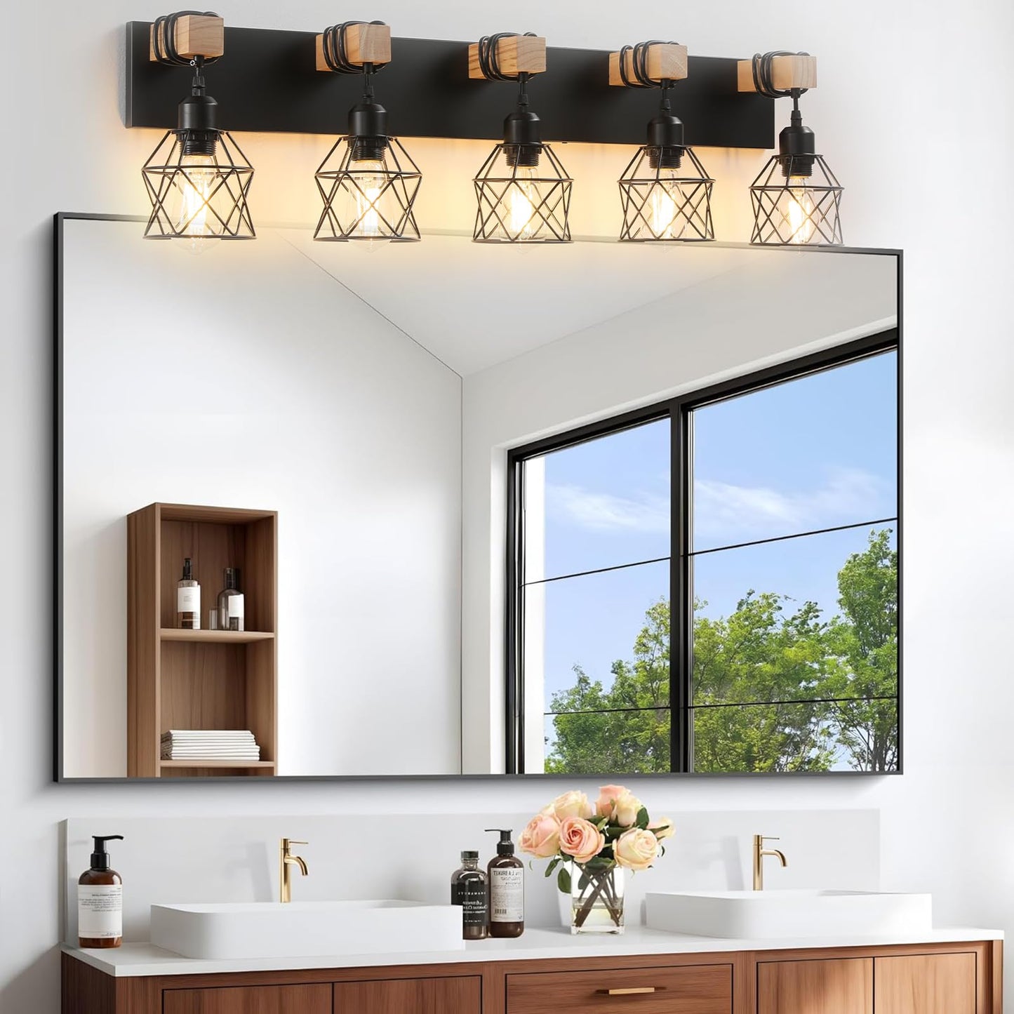 Farmhouse Vanity Light Fixture,5-Light Bathroom Lighting,Black Industrial Wood Wall Light Over Mirror with Metal Shade,LED Bulbs Not Included