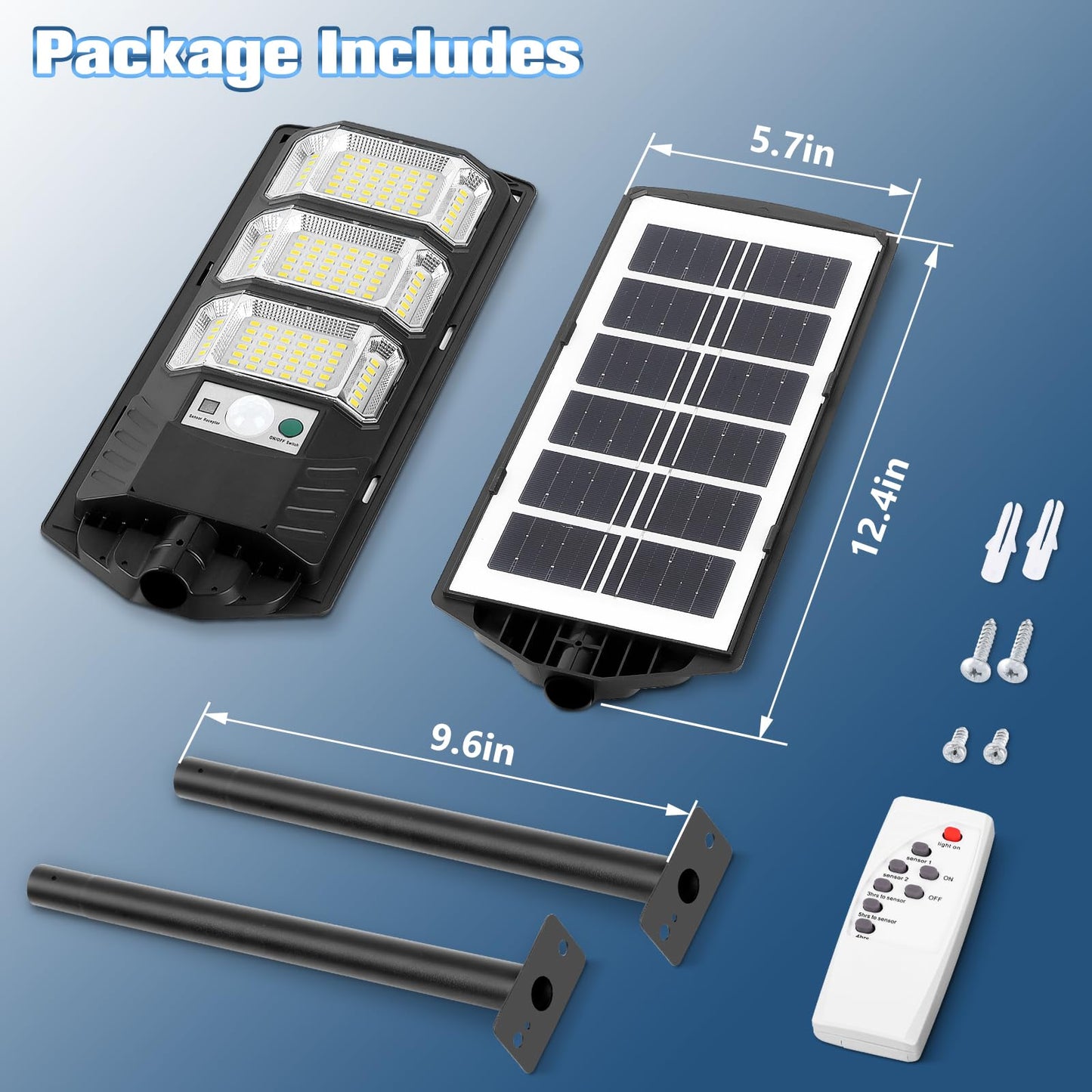 PLMMY Solar Street Light Outdoor, 6500K LED Flood Light with Motion Sensor, Remote Control, Black, 4 Pack, Model LD-009-2