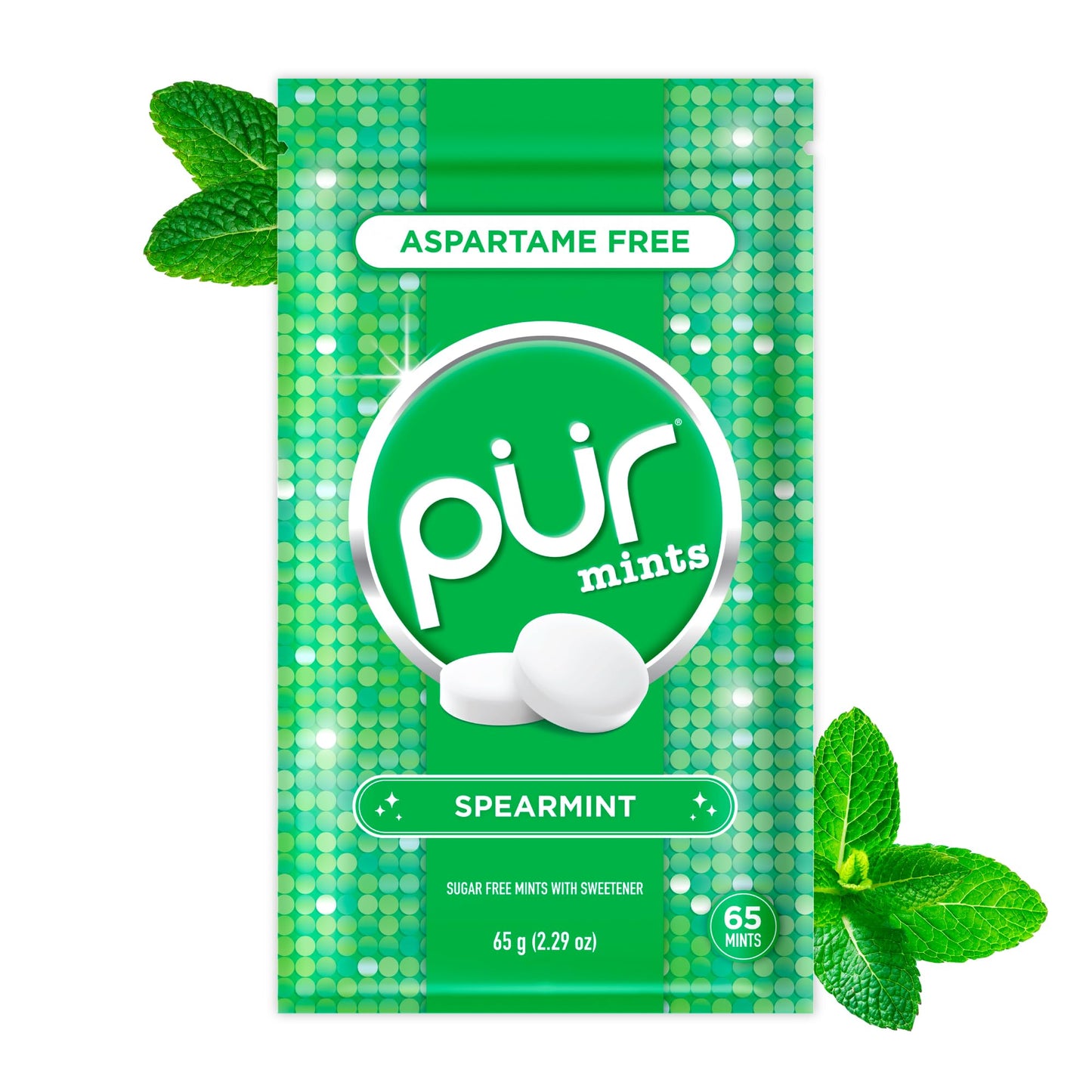 PUR Mints | Aspartame Free Breath Mints | Made with Xylitol | Sugar Free Vegan Gluten Free | Natural Spearmint Flavor | 65 Pieces in Re-Sealable pouch (Pack of 1)