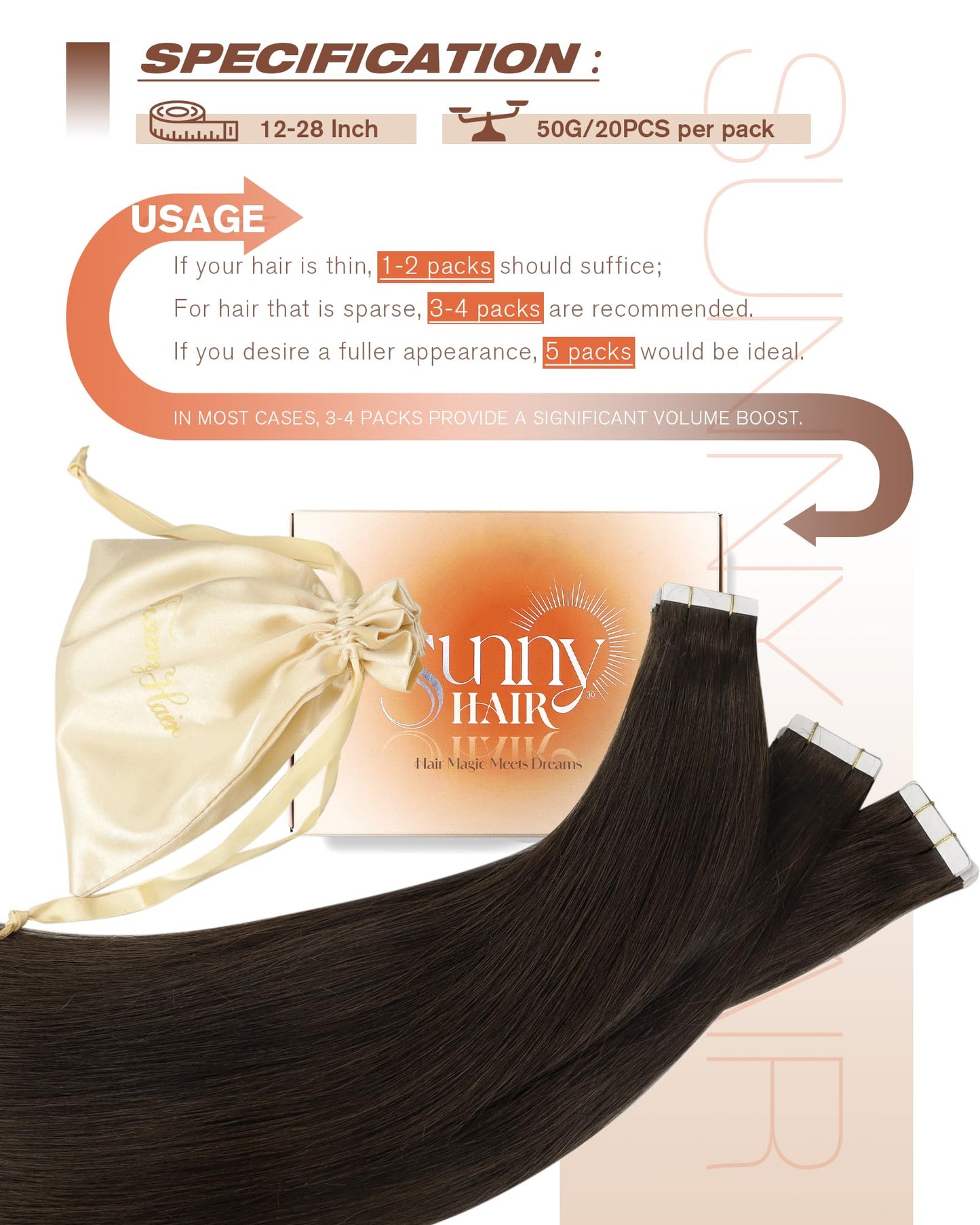 Sunny Hair Tape in Hair Extensions Real Human Hair Invisible Remy Hair Extensions Tape ins for Women Dark Brown 18 inch 20Pcs 50