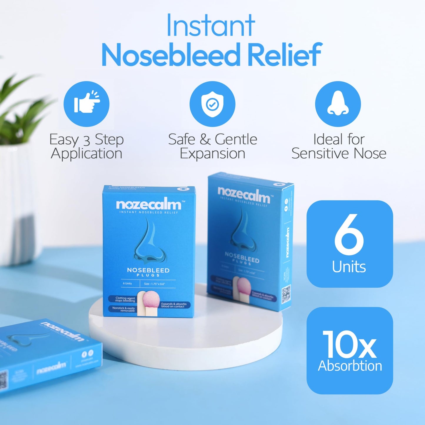 NozeCalm - Nose Bleed Stopper - Swift-Acting Nosebleed Plugs for Kids & All Ages - Bloody Nose Stoppers with Clotting Agent - Hypoallergenic, Non-Stick, Sterile, Easy Removal & Travel Ready (6-Count)