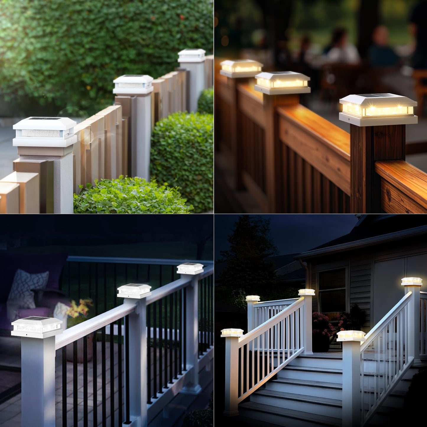 12-Pack Solar Post Cap Lights Outdoor Waterproof Solar Powered Fence Post Lights For 4X4 4.5X4.5 5X5 Vinyl/Wooden White Outside 16Leds Warm/Cool Lighting Deck Light For Garden Patio Porch