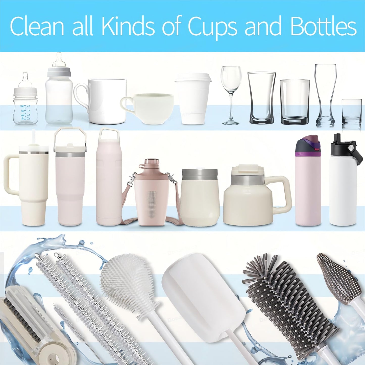 Dosanlues 8Pcs Water Bottle Cleaner Brush - Multipurpose Cup Cleaner Kit with Long Nylon Straw Brush Long Handle Silicone Bottles Cleaning for Tumbler, Sports Water Bottle, Wine Glass