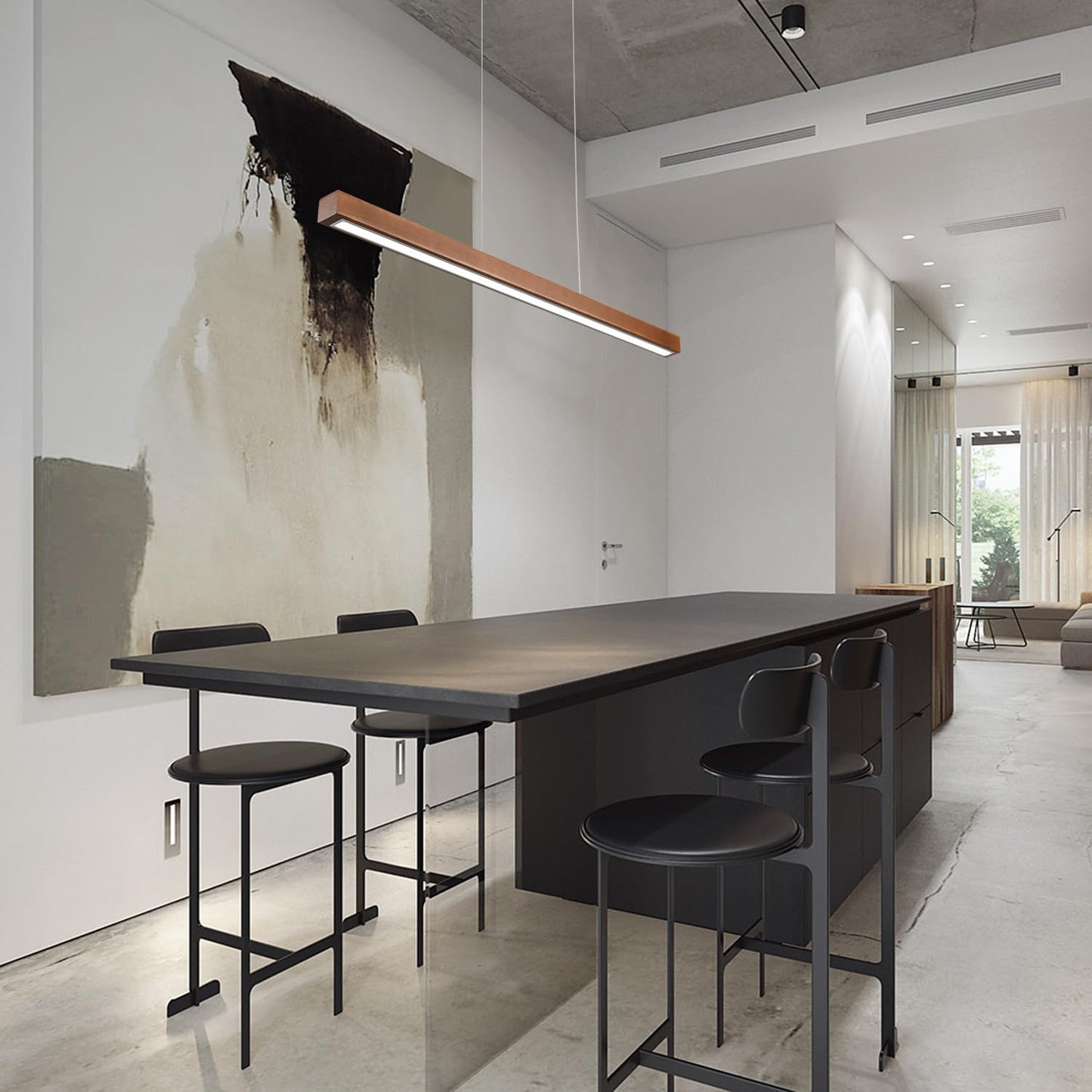 31.5 Wood Linear Pendant Light - Dimmable Led Chandelier With Remote Adjustable Modern Farmhouse Lighting For Kitchen Islands Dining Rooms & Bars Walnut Color (19W Energy-Efficient)