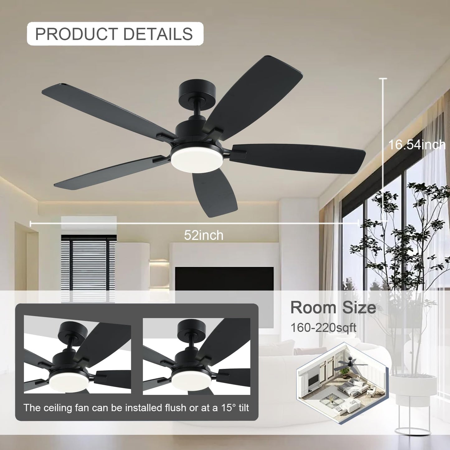 Nkpu 52 Inch Ceiling Fans With Lights, Black Ceiling Fan And Remote/App Control, 2 Downrods, Dc Reversible, Noiseless, Dimmable,