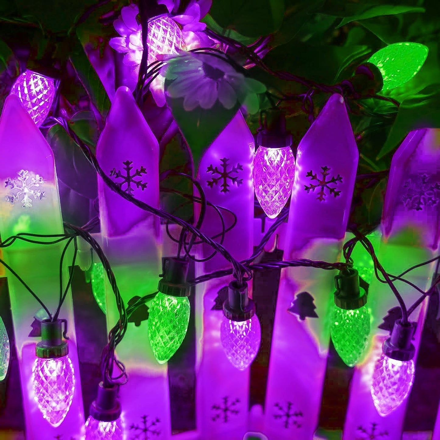 Kaq 2Pk 100Led Purple And Green C9 Halloween Lights Waterproof Indoor Outdoor Extendable 98Ft String Lights Plug In With 13 Lighting Modes Halloween Decorations For Party Patio Outside Yard Decor