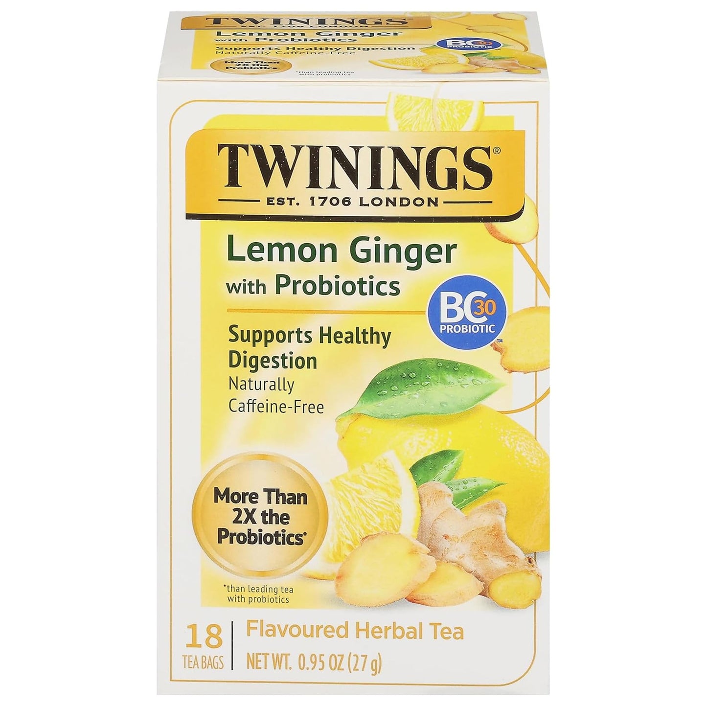 Twinings Superblends Probiotics+ Lemon & Ginger Flavoured Herbal Tea with Turmeric Caffeine-Free 18 Count (Pack of 1) Enjoy Hot or Iced 18 Teabags