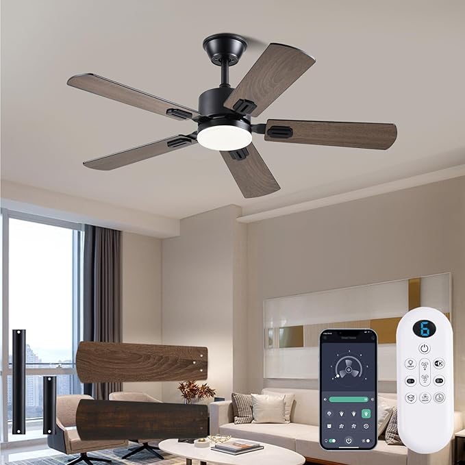 Ceiling Fans with Lights, 42 Inch Low Profile Ceiling Fan with App/Remote Control, DC Reversible Motor, Dimmable LED Ceiling Fans for Bedroom,Indoor/Outdoor Patio Use(Brown)