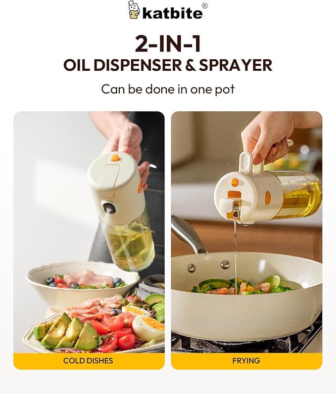 katbite 2 in 1 Oil Sprayer & Pour for Cooking, 18.6 oz(550ml) Glass Olive Oil Dispenser Bottle, One-Touch Open Lid, Non-Drip Leak-Proof Design, Fine Mist(0.5g/Spray) for Air Fryer, Salad, Yellow