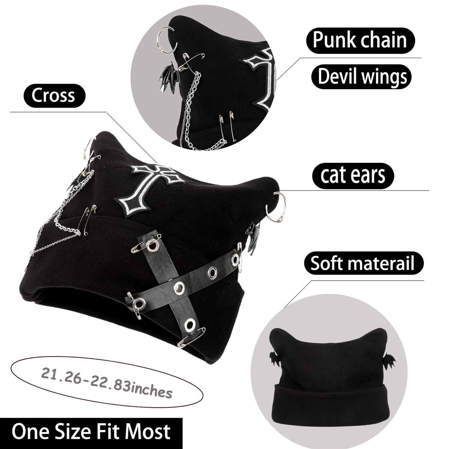 Arogheiz Womens Grunge Beanie Goth Crochet Hat, Y2K Cat Fox Ear Beanie Gothic Accessories Winter Outdoor Streetwear Black