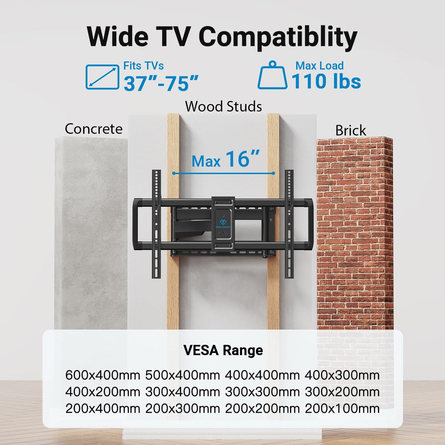 PERLESMITH Long Arm TV Wall Mount Full Motion for 37-75 inch TVs, Corner TV Mount Bracket with 27.36-inch Articulating Long Extension Arm, Swivel&Tilt, Max VESA 600x400mm up to 110lbs, 16" Wood Stud