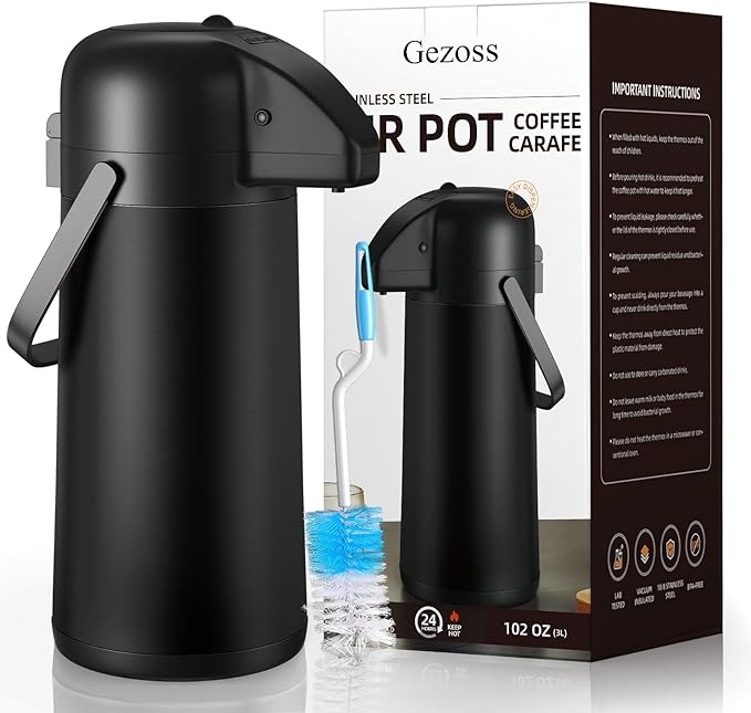 Coffee Carafe for Keeping Hot - Gezoss 102OZ / 3L Airpot Coffee Dispenser with Pump - Large Coffee Thermos for Hot Drinks Tea Liquid - Insulated Stainless Steel Hot Water Beverage for Parties,Black