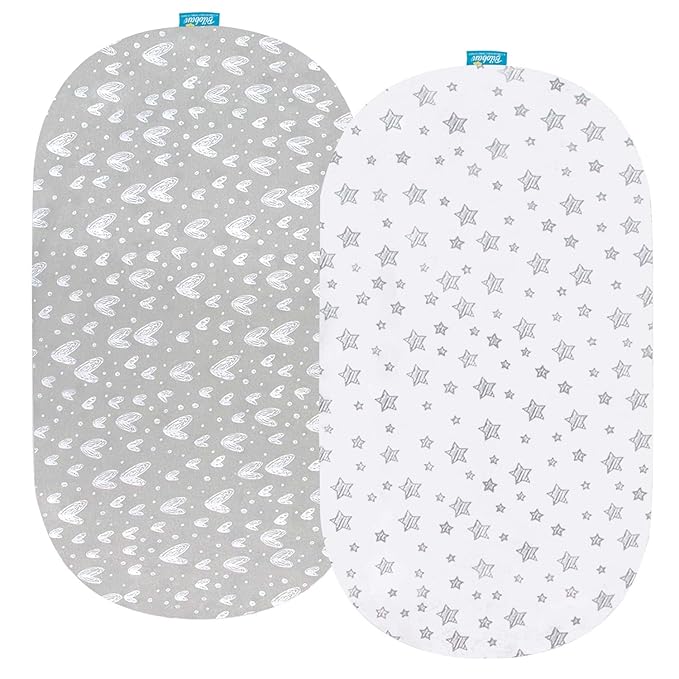 Bassinet Sheets Compatible with Fisher-Price Soothing Motions/Luminate Bassinet and Chicco LullaGo Anywhere Portable Bassinet, 2 Pack, 100% Jersey Knit Cotton Fitted Sheets, Grey Print for Baby