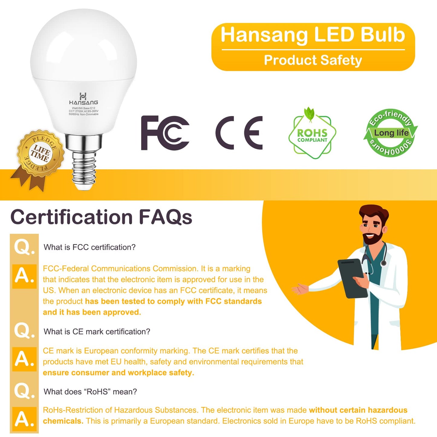 hansang LED Bulbs, 6 Watt (60W Equivalent), Warm White 2700K, A15 Globe Shape, E12 Base, 600 Lumen, 6 Pack