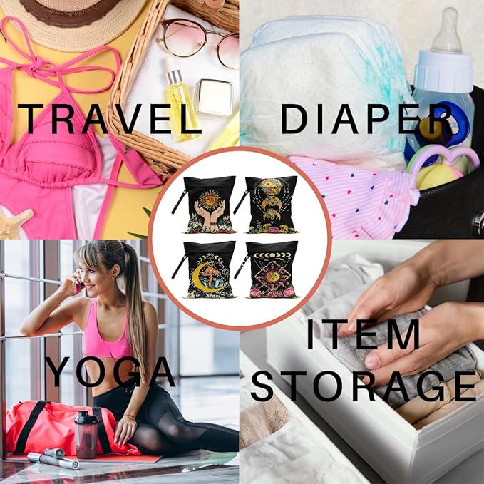 4Pack Witchy Gifts Boho Wet Bag Waterproof Reusable Wet Dry Bag for Swimsuit Diaper Sun Moon Star Butterfly Mushroom Floral Travel Yoga Toiletries Gift for Women Mom Birthday Christmas Halloween