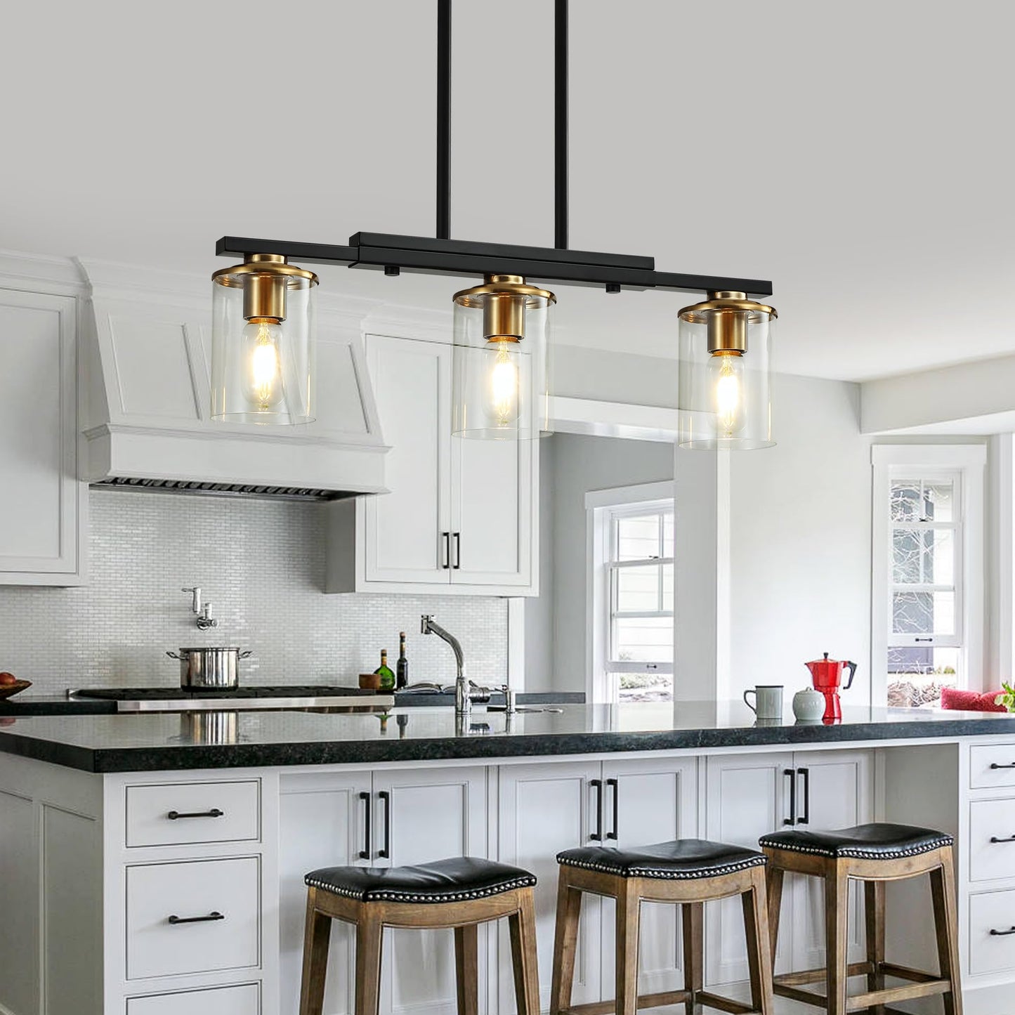 Xvmbvm 3-Light Kitchen Island Lighting Dining Room Lights Modern Farmhouse Chandelier With Clear Glass Shade Modern Rustic Black And Gold Metal Chandelier Kitchen Pendant Light Fixtures Over Table