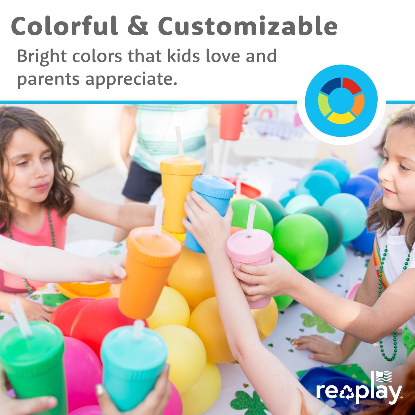 Re-Play 10 oz. Straw Cups for Kids with Silicone Locking Straws - Dishwasher & Microwave Safe - Made in USA - Set of 4-7.37" x 7.37" x 1.25" - Desert Roses