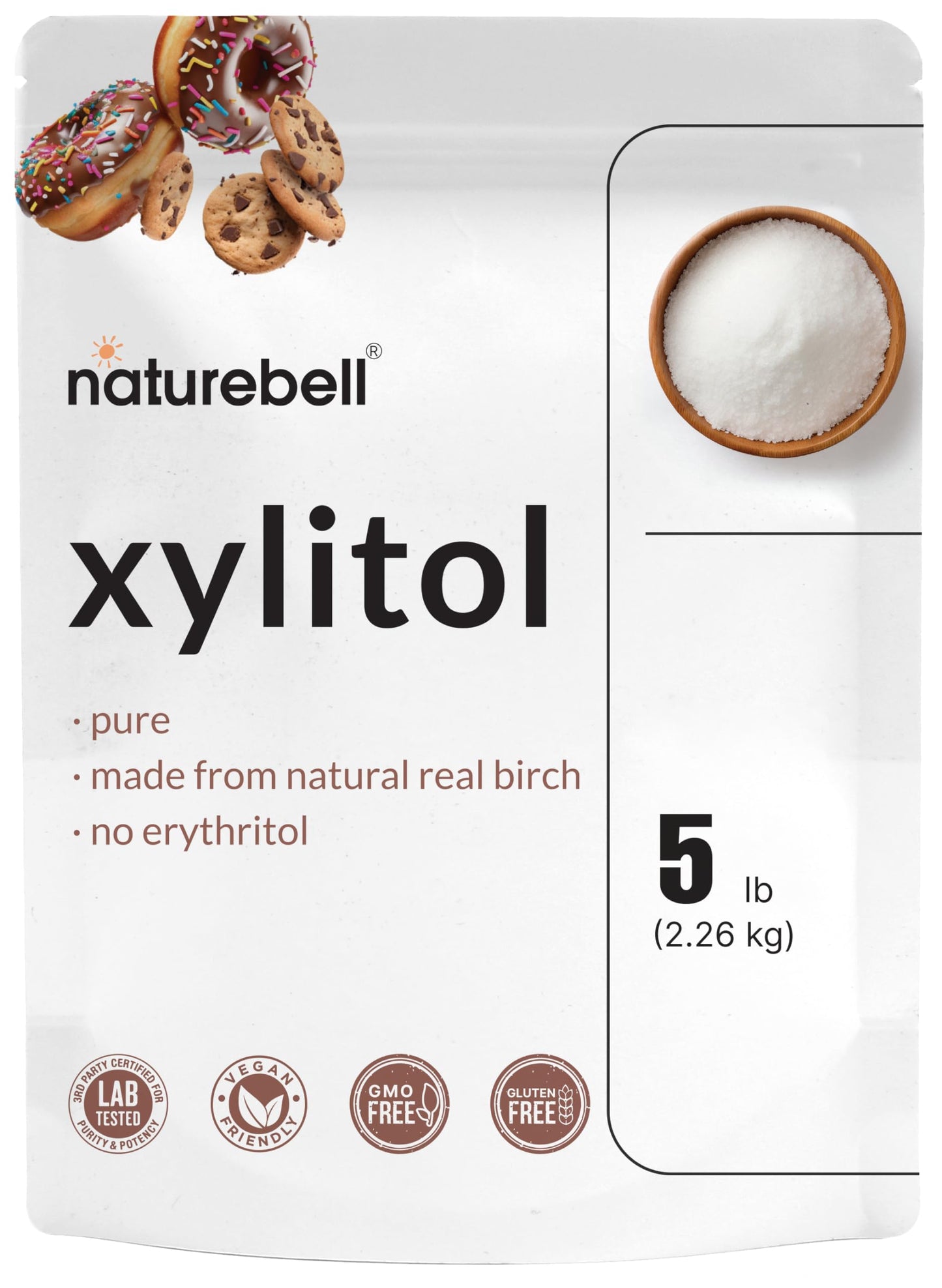 NatureBell Xylitol Sweetener 5lbs | Natural Birch Crystal Source - 1:1 Sugar Substitute - Sweet Flavor with No Erythritol - Low Calorie & Glycemic Impact - Sugar Free No Aftertaste Non-GMO