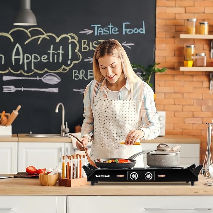 Hot Plate, Techwood 1800W Electric Stove, Countertop Double Burners for Cooking, Infrared Ceramic Dual Cooktops, Brushed Stainless Steel, Black