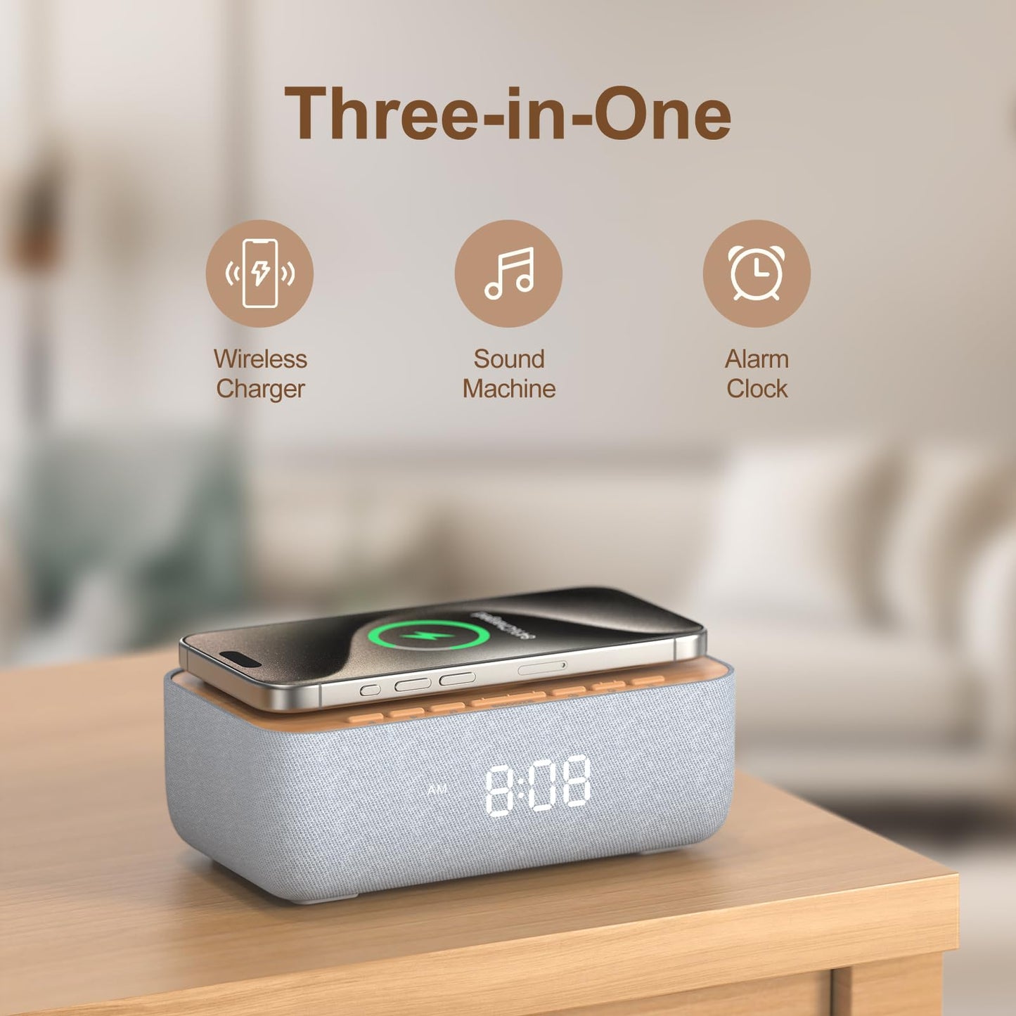 REACHER 15W Fast Magnetic Wireless Charging Alarm Clock with White Noise Machine, Woodgrain Style, 20 HighโFidelity Sounds, Gradual Wake & Snooze, 0โ100% Dimmable Digital Clock, Bedroom & Office