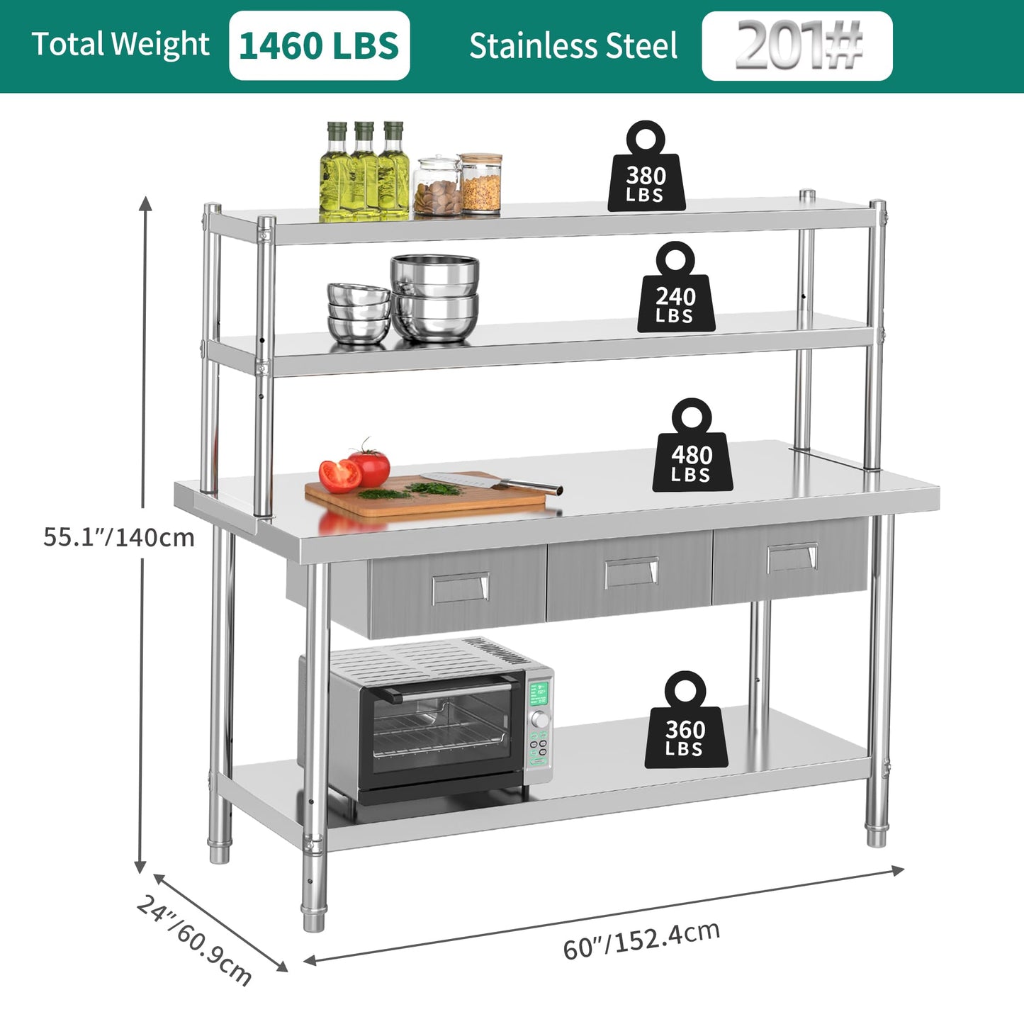 YITAHOME 60" X 24" NSF Stainless Steel Table with Overshelves and 3 Drawers, Work Table with 60" X 12" Shelf & 3 Drawers, Metal Table Prep Table for Commercial Home Kitchen Restaurant Garage Warehouse
