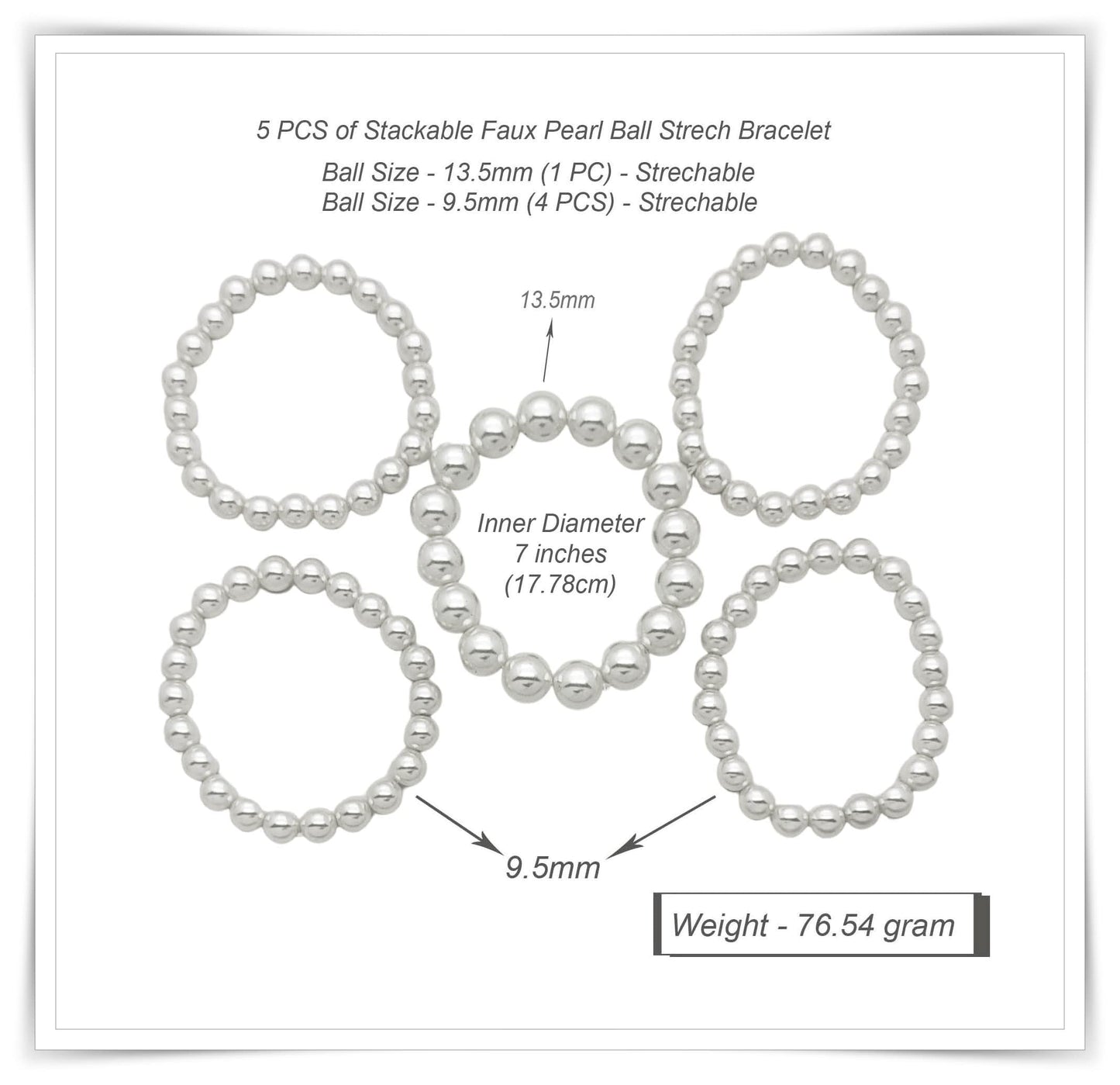 BA UNIQUE FASHION Women's Faux Pearl Stretch Bracelet 5 PCS Set (White)