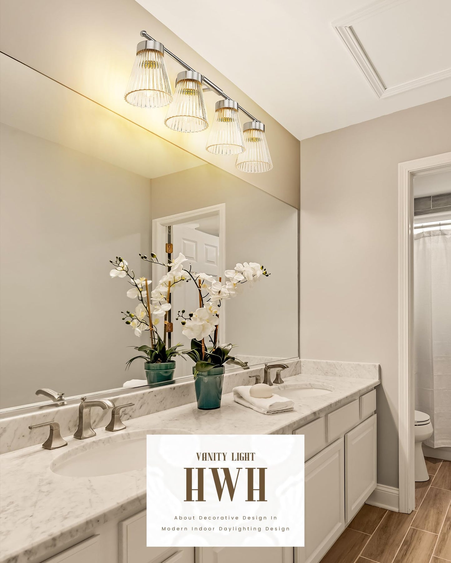 4-Light Bathroom Vanity Light Fixtures Hwh Brushed Nickel Bathroom Vanity Lighting Modern Vanity Light Over Mirror With Clear Striped Glass Shade 5Hzg97B-4W Bn