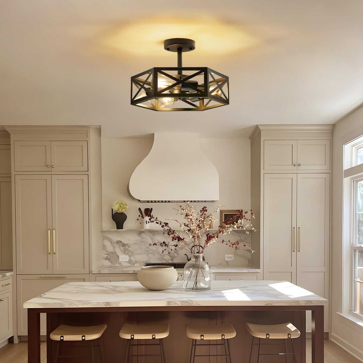 Oteedo Modern Semi Flush Mount Ceiling Light 3-Light Hexagon Flush Mount Ceiling Lights For Dining Room Light Fixture Farmhouse Black Metal Kitchen Island Lighting Fixtures For Hallway Bathroom