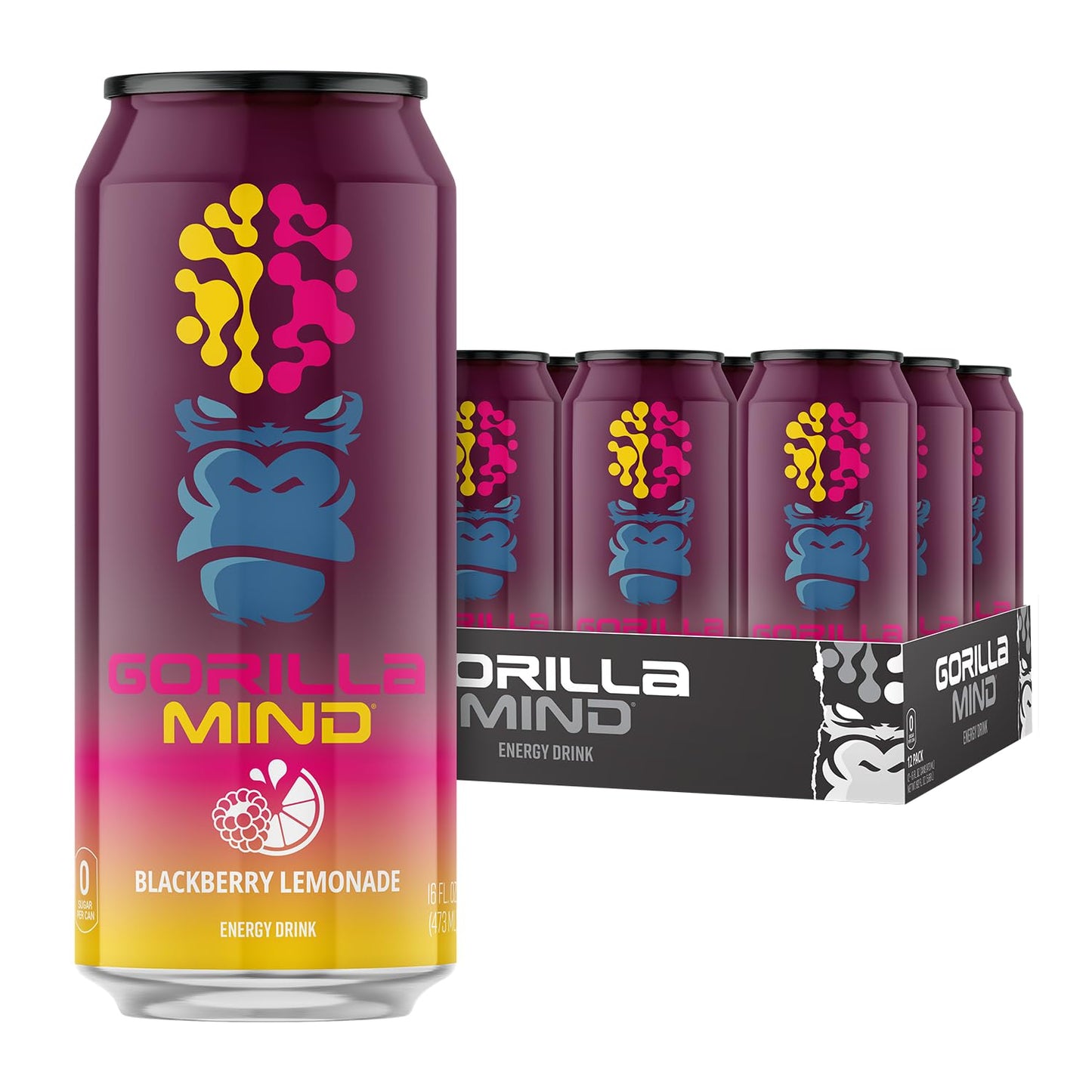 Gorilla Mind Energy Drink | Unmatched Energy Amplified Focus | N-Acetyl-L-Tyrosine Alpha-GPC 200mg Caffeine Uridine Saffron | 0 Sugar Or Artificial Colors | 16oz 12-Pack (Blackberry Lemonade)