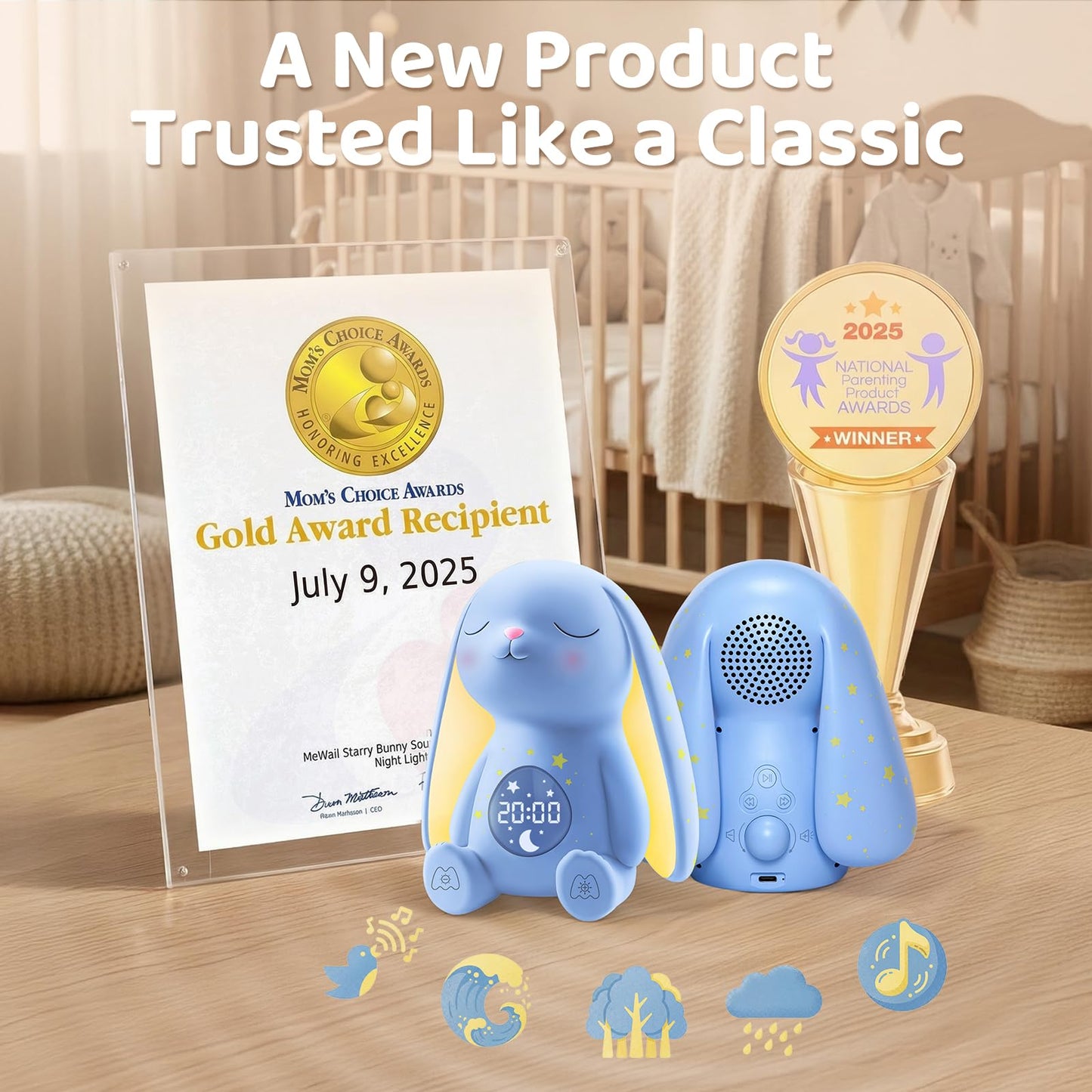 Mom's Choice Awards丨Bunny White Noise Sound Machine Baby for Sleep- AI Cry Detection, 100 Soothing Sounds, 5-Year APP Access Included, Easter Gifts for Baby, Night Light & Sleep Trainer, New Mom Gift