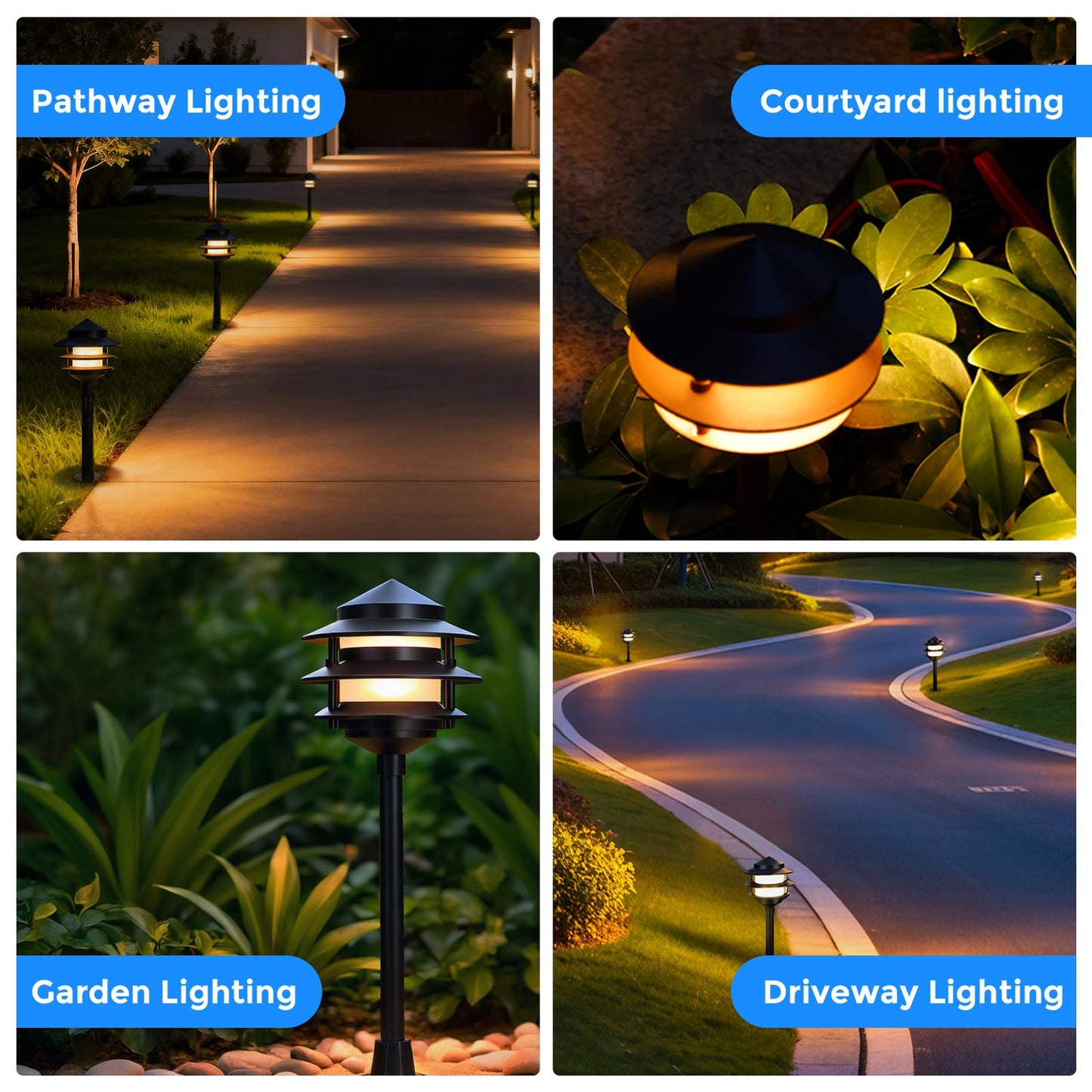 Gardencoin Pagoda Low Voltage Landscape Pathway Lights 12V Outdoor Led Path Lights Wired Aluminum Walkway Lighting With 4W 2700K Replaceable G4 Bulb Classic 3-Tier Lantern 6 Pack