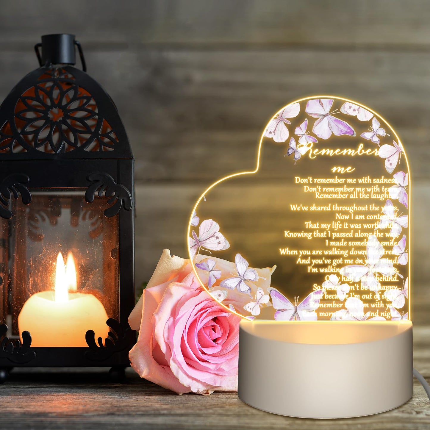 Coume Memorial Gift Night Light Clear Crystal Acrylic Heart Sympathy Gifts Sign Led Light Remembrance Bereavement Decor Condolence Present For Loss Of Loved One(Purple Butterfly Style)