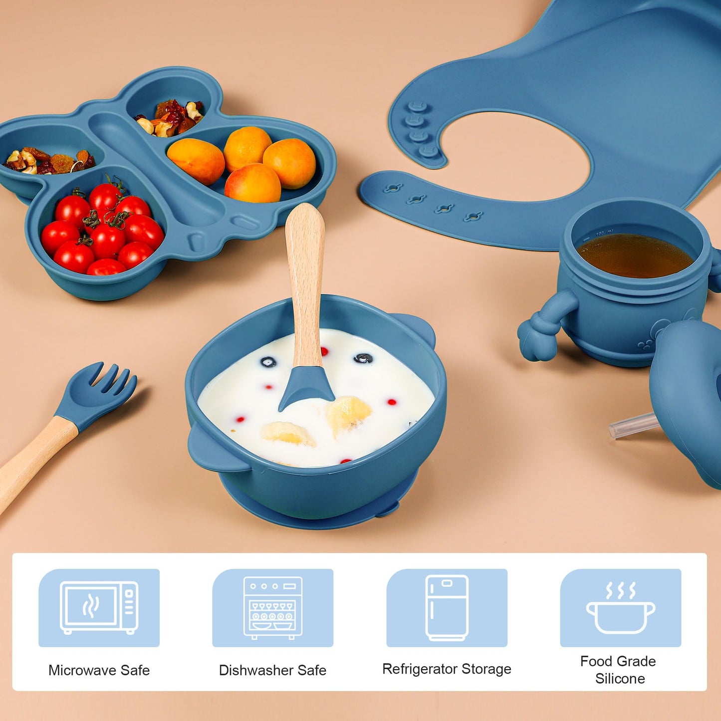 Silicone Baby Feeding Set, Baby Led Weaning Supplies, Silicone Suction Butterfly Plate, Bowl, Spoons, Fork and Waterproof Bib & Cloth Bib, Eating Utensils Baby Feeding Essentials (Blue)