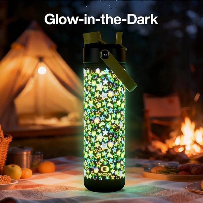 ENCOOL Insulated Water Bottle with Straw Stainless Steel Water Bottle, Leak-Proof, BPA-Free, Double Wall Vacuum Keeps Cold for 24 Hours for Sports, Travel, School (26 oz, Neon Galaxy)