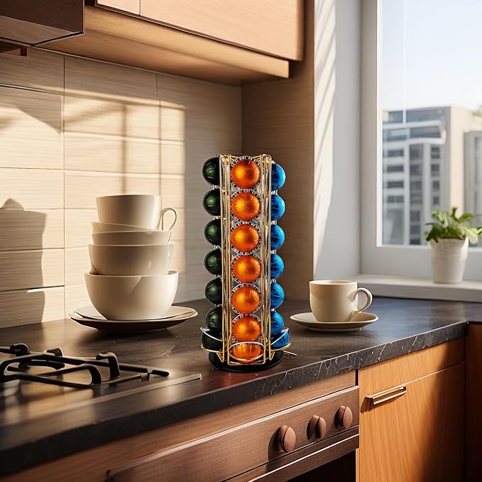 Vertuo Pod Holder Carousel Stand for 35 Nespresso Vertuo Capsule Storage Organizer with Extra Space for Coffee Mate Silent Rolling,Gold
