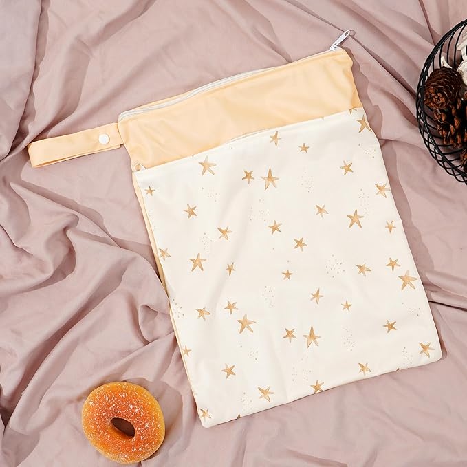 2pcs Wet Bags Waterproof Reusable Wet Dry Bag with Two Zippered Pockets Travel Beach Pool Daycare Yoga Gym Bag for Baby Cloth Diaper,Swimsuits,Wet Clothes (Shells & Starfish)