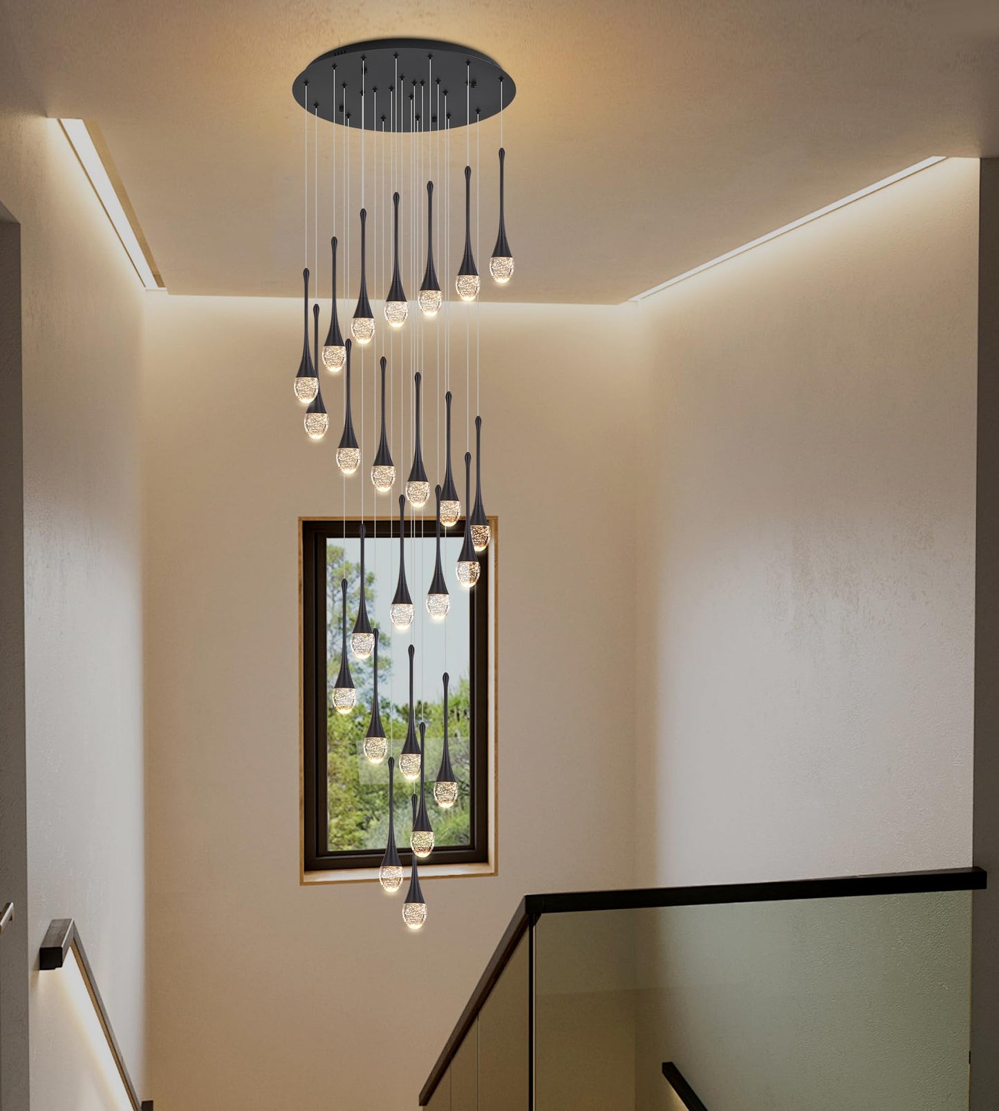 Upfelw Modern Crystal Staircase Chandelier Polished Black 24-Lights H138 Large High Ceiling Spiral Dimmable Led Raindrop Foyer Entryway Light Fixture Remote Control