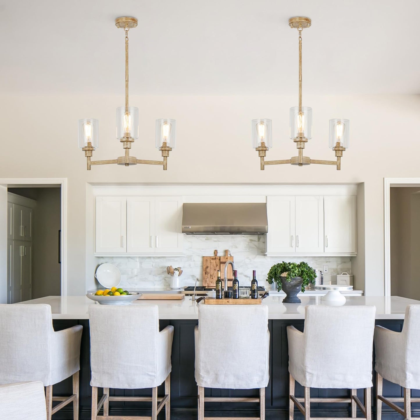 3 Light Farmhouse Chandelier | Rustic Chandeliers For Dining Room Light Fixtures | Wood Hanging Lighting With Clear Glass Cover For Kitchen Island | Entryway | Bathroom | Corridor | Hallway