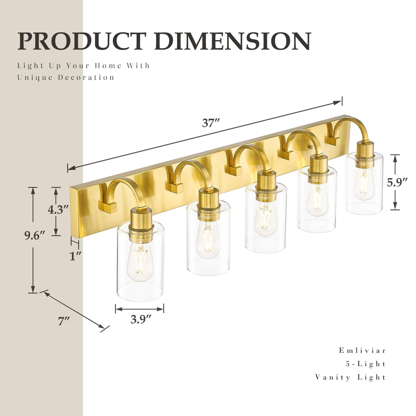 Emliviar 5-Light Vintage Vanity Lighting For Bathroom 37-Inch Wall Mount Light Fixture With Clear Glass Shade Brushed Gold Finish Yce237B-5W Bg