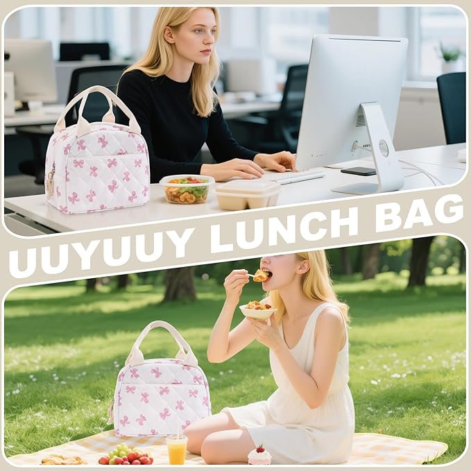 Lunch Bag for Women Insulated Lunch Box Reusable Cooler Bag Portable Cute Floral Quilted Cotton Bag Leakproof Tote Bags for Travel, Work, and Picnic, Pink Bow