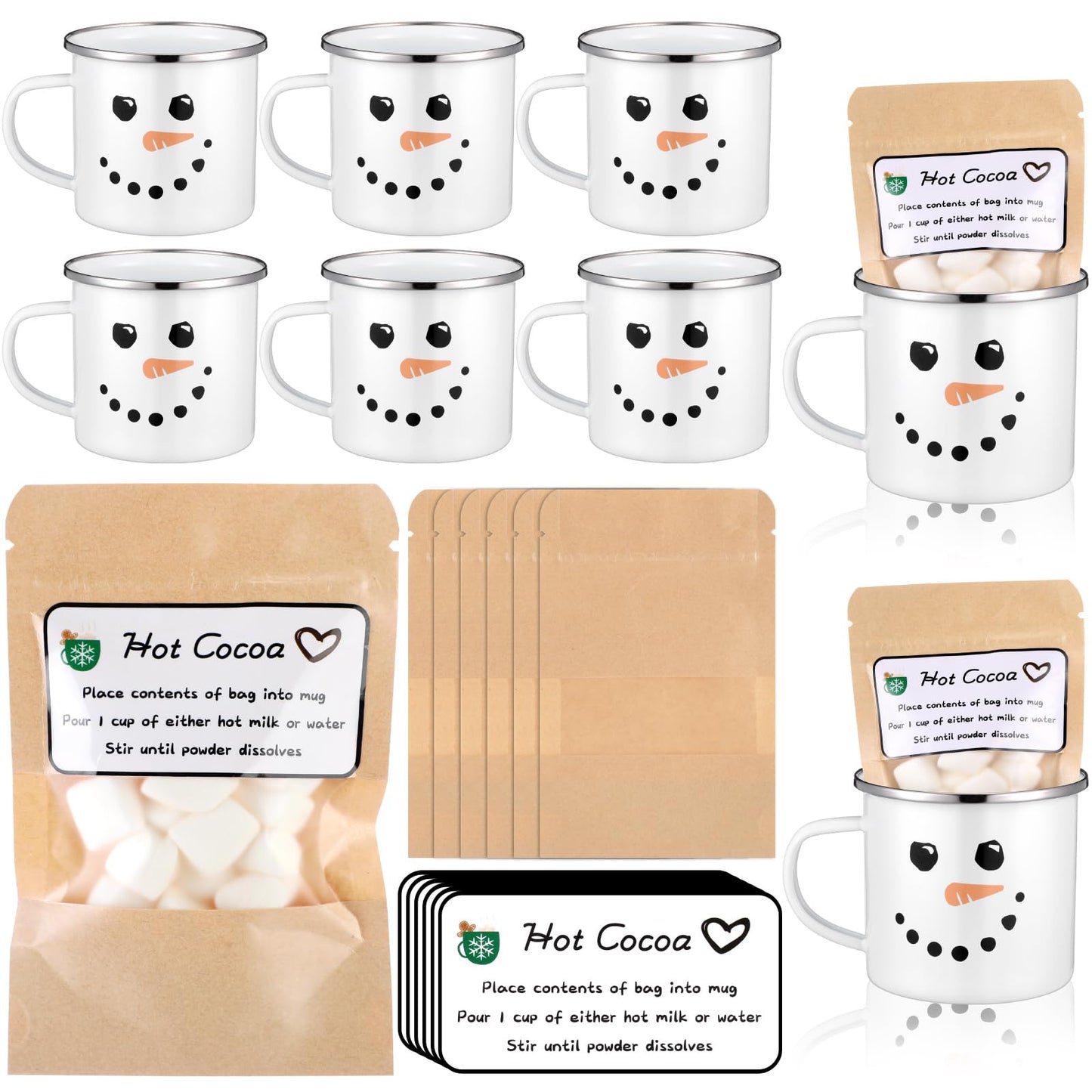 Vesici 6 Set Christmas Hot Cocoa Gift Sets with Mug Includes Snowman Enamel Cup Mini Kraft Paper Pouches and Labels Stickers for