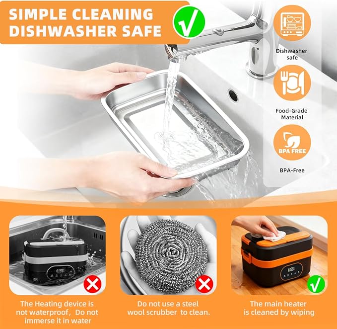 Cordless Electric Lunch Box,20000mAh Heated Lunch Box Rechargeable Battery Powered Self-Heating Food Warmer,1.5L Large Capacity Portable for Car,Work,Office,Travel,Picnic&Outdoor (Black & Orange)