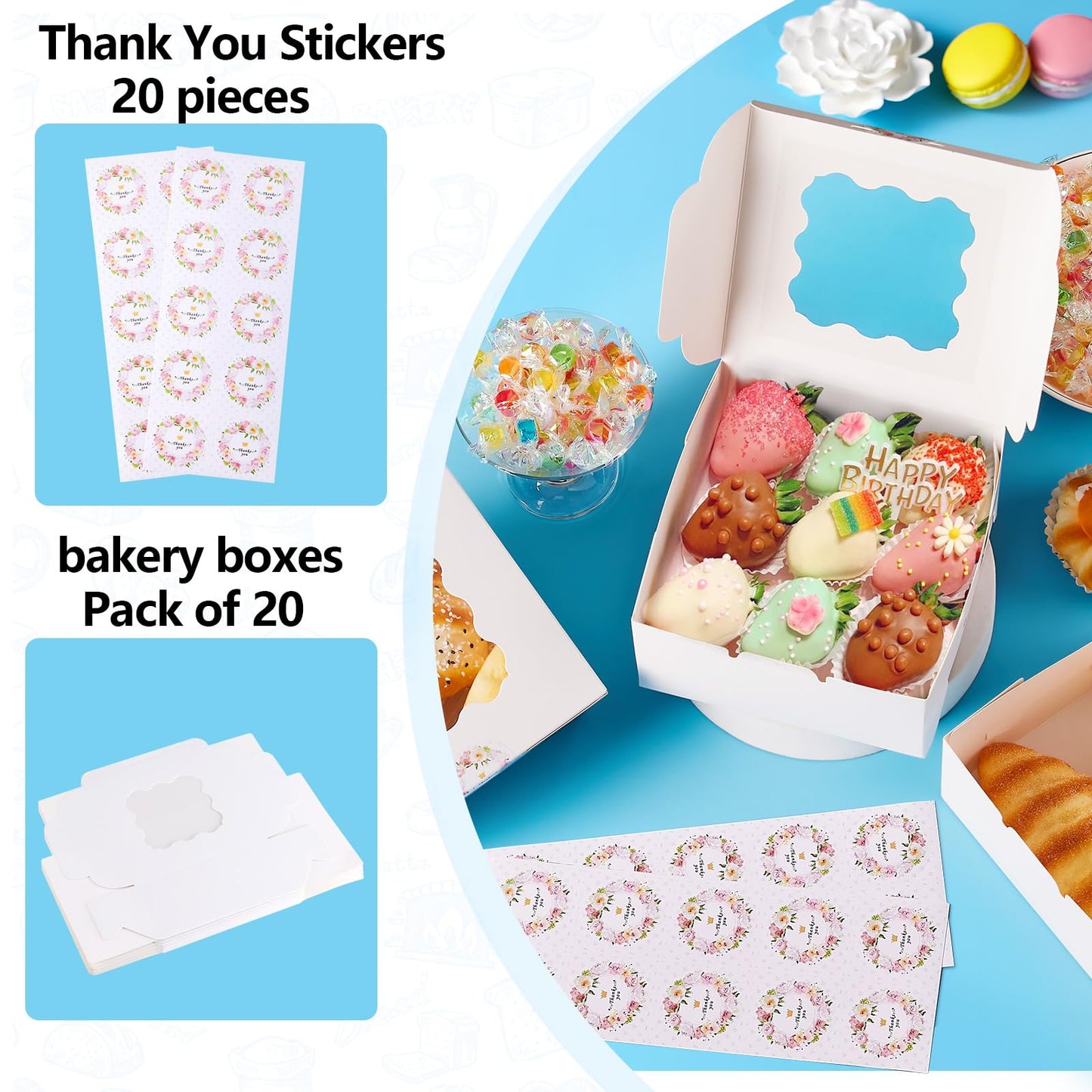 YODYZJ 20pcs White Cookie Boxes with Window, 6x6x3 inches Treat Boxes for Dessert, Strawberry, Bakery, Pastry, Candy, Truffle