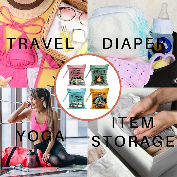 4 Pack Camping Gifts Wet Bag Waterproof Reusable Wet Dry Bag for Swimsuit Diaper Travel Beach Pool Toiletries Funny Novelty Gifts for Campers Camping Accessories for Rv Camper Mama Birthday Christmas
