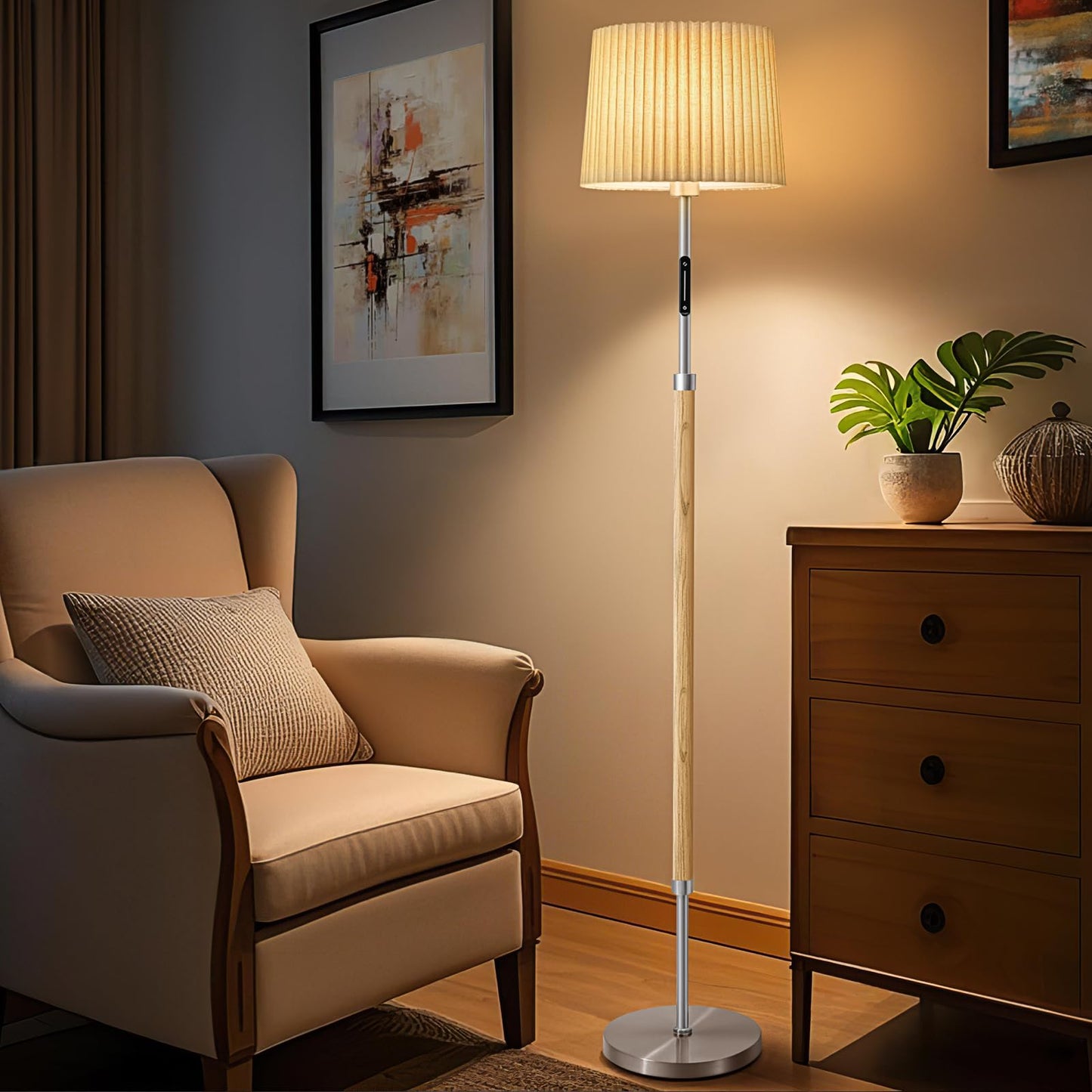 Jeagop 61in Wood Floor Lamp with Remote, Touch Control, Stepless Dimmable, Silver, Model WOFL-2PLS, Modern Farmhouse Design
